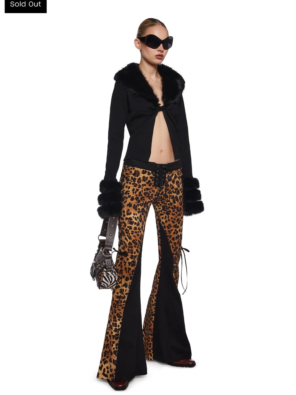 Dolls Kill Leopard Lace-Up Flare Pants - Black & Brown - Picture 3 of 10